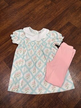Girls' Pink & Light Blue Floral Set with Scalloped Collar